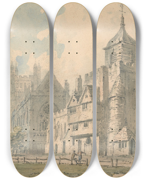 Triptych art skateboard deck of Edward Dayes Exeter Cathedral And Neighboring Buildings by Edward Dayes (1763-1804)