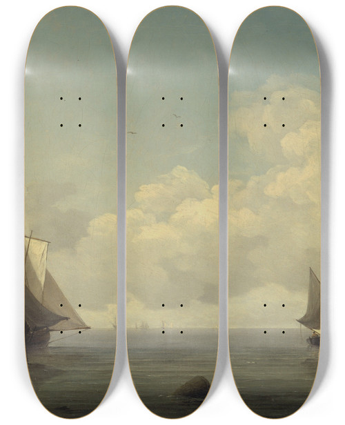 Triptych art skateboard deck of Charles Brooking Fishing Boats In A Calm Sea by Charles Brooking (1723-1759)
