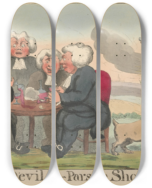 Triptych art skateboard deck of John Cawse Devils Parson Shooting by John Cawse