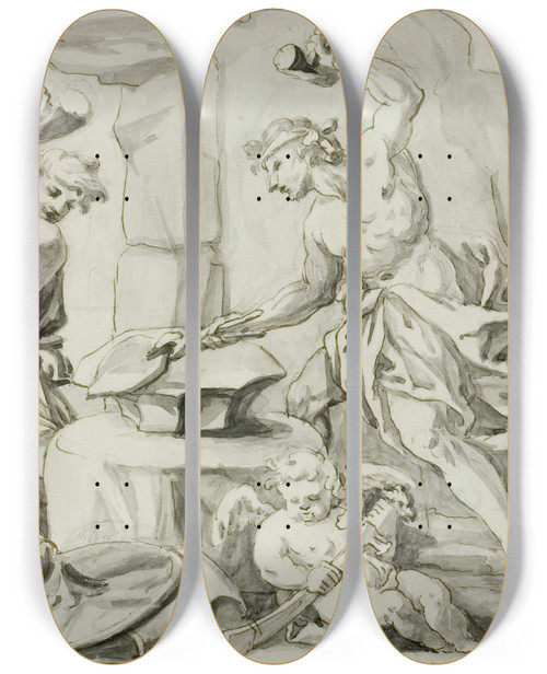 Triptych art skateboard deck of Abraham Drentwett The Elder Vulcan Making Arms For Achilles While Venus And Cupid Look On by Abraham Drentwett The Elder (1647-1727)