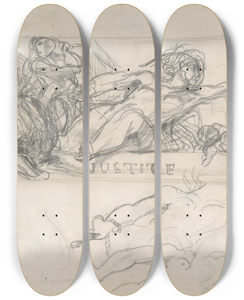 Triptych art skateboard deck of Eugne Delacroix Studies Of Allegorical Figures And Architectural Sketches by Eugene Delacroix (1798-1863)