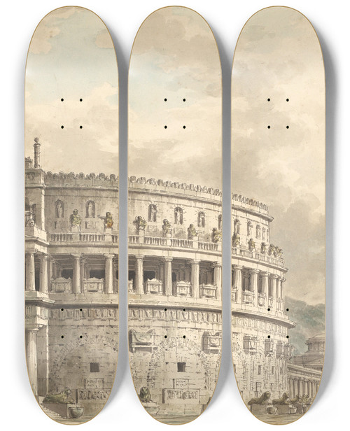 Triptych art skateboard deck of Giuseppe Borsato Architectural Fantasy Of A Magnificent Ancient Mausoleum by Giuseppe Borsato (1771-1849)