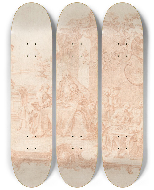 Triptych art skateboard deck of Johann Esaias Nilson Game Of Backgammon by Johann Esaias Nilson (1721-1788)