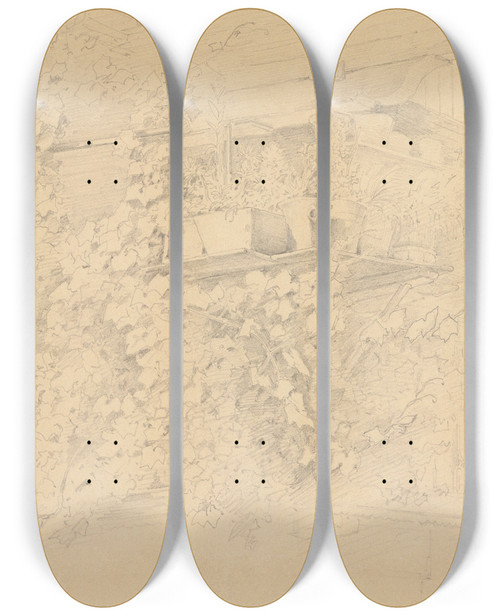 Triptych art skateboard deck of Carl Spitzweg Ecke Eines Bauernhauses Mit Rankendem Weinlaub Und Blumentpfen by Carl Spitzweg (1808-1880)