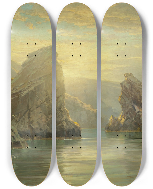 Triptych art skateboard deck of William Trost Richards Sunset In The Shetland Islands Scotland by William Trost Richards (1833-1905)