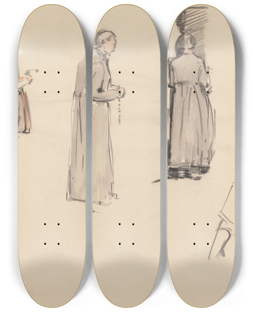 Triptych art skateboard deck of Robert Polhill Bevan Figures At Mass Poland by Robert Polhill Bevan (1865-1925)