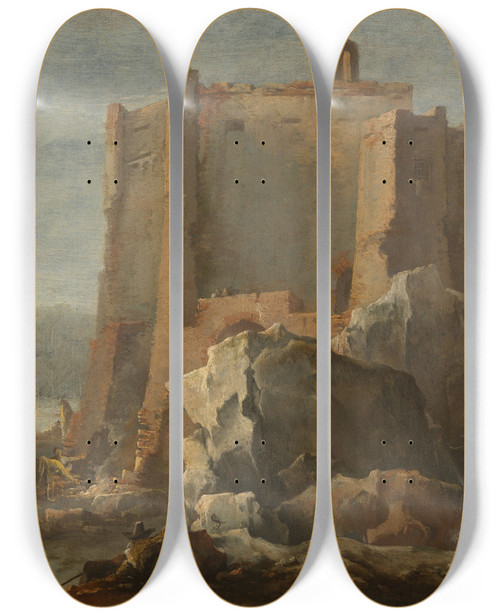 Triptych art skateboard deck of Domenico Gargiulo Landscape With Rock And Fortress by Domenico Gargiulo (1609-1675)