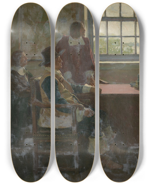 Triptych art skateboard deck of Howard Pyle Even Sir William Berkeley The Redoubtable Cavalier Governor Saw That He Must Yield by Howard Pyle (1853-1911)