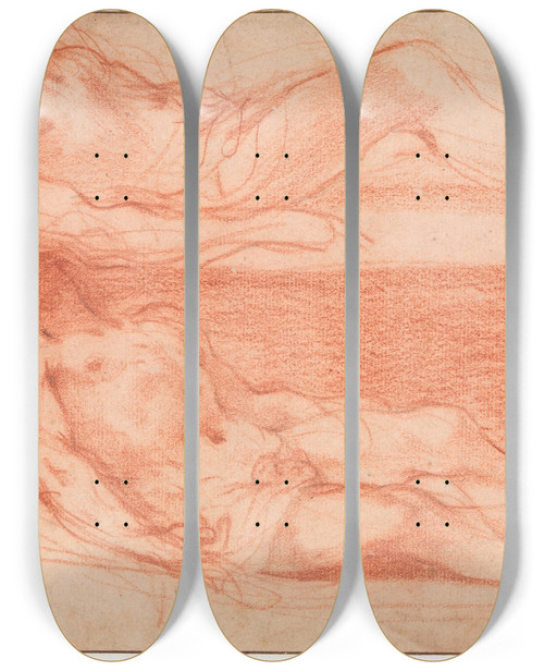 Triptych art skateboard deck of Guercino To Studier Af En Liggende Ngen Mandsfigur Kristus by Guercino (1591-1666)