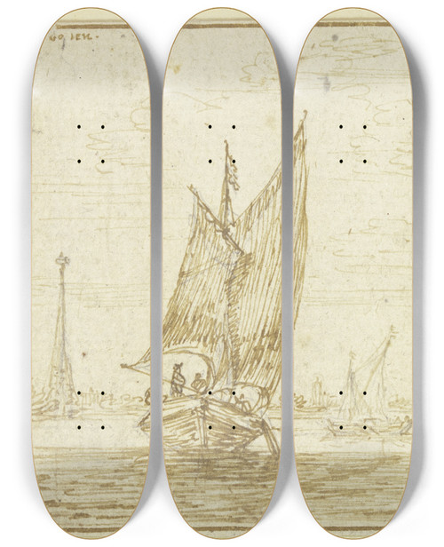 Triptych art skateboard deck of Jan Van Goyen Marine Links Segelt Ein Boot Rechts Ein Ruderboot by Jan Van Goyen (1596-1656)