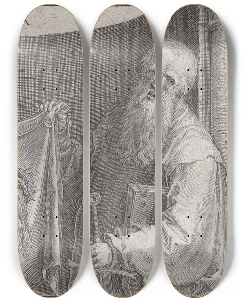Triptych art skateboard deck of Lucas Van Leyden Saints Peter And Paul With The Vernicle by Lucas Van Leyden (1494-1533)
