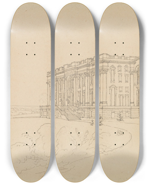 Triptych art skateboard deck of Edward Francis Burney View Of Easton Neston Northants by Edward Francis Burney (1760-1848)