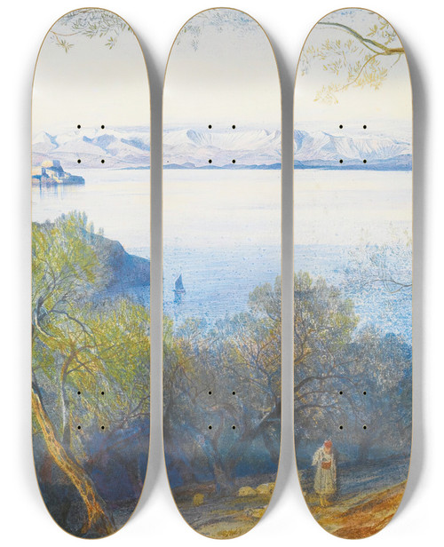 Triptych art skateboard deck of Edward Lear A Distant View Of The Citadel Corfu by Edward Lear (1812-1888)
