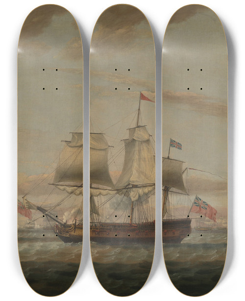 Triptych art skateboard deck of Thomas Luny An Indiaman And A Two Decker Hove To Said To Be Thomas Dumar Esq In Hm Ship Portland Deliveri by Thomas Luny (1759-1837)
