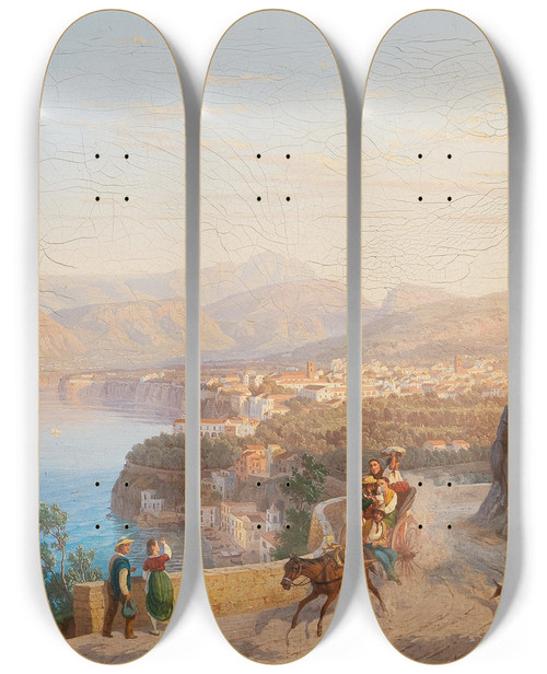 Triptych art skateboard deck of Carl Wilhelm Gtzloff View Of Sorrento With A Family Outing In The Foreground by Carl Wilhelm Gotzloff (1799-1866)