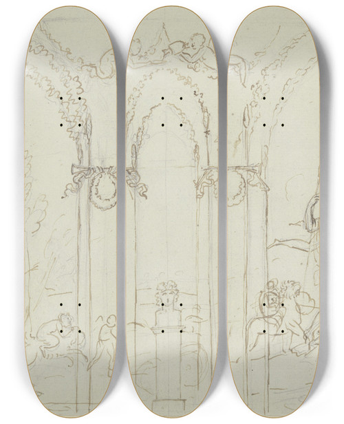 Triptych art skateboard deck of Peter Von Cornelius Amor Berwindet Einen Satyr Bacchus Und Ariadne by Peter Von Cornelius (1784-1867)