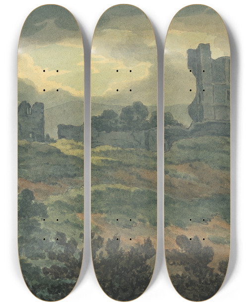 Triptych art skateboard deck of Thomas Bradshaw Castle Ruins On A Hilltop by Thomas Bradshaw (1767)