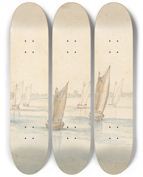 Triptych art skateboard deck of Jan Brueghel The Elder Boats Sailing On A River A Country House In Thedistance by Jan Brueghel The Elder (1568-1625)