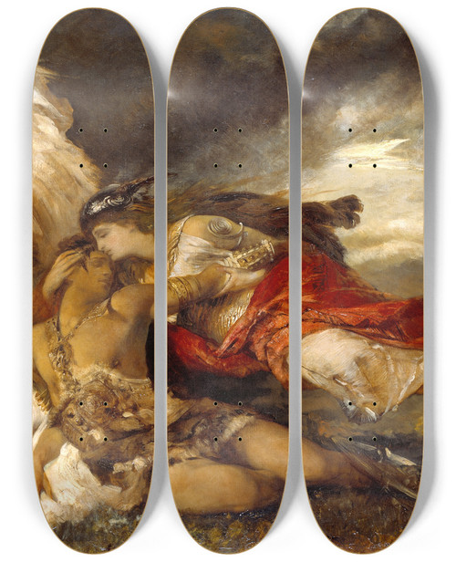 Triptych art skateboard deck of Hans Makart Valkyrie And A Dying Hero by Hans Makart (1840-1884)