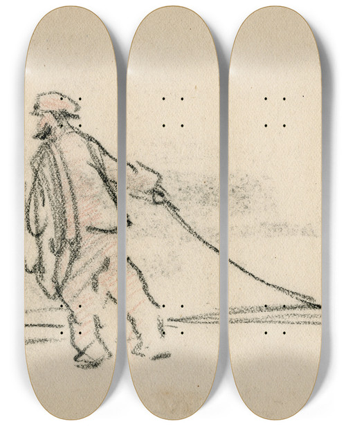 Triptych art skateboard deck of Adolf Le Comte Man Een Touw Trekkend by Adolf Le Comte (1850-1921)