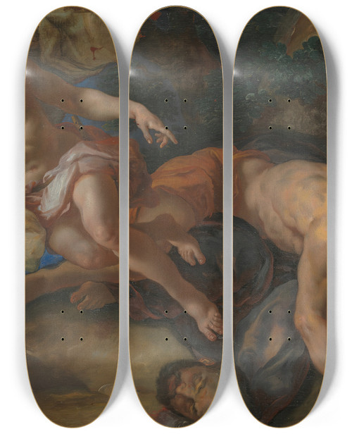 Triptych art skateboard deck of Johann Michael Rottmayr Mercury Rescues The Disguised Io After Beheading Argus by Johann Michael Rottmayr (1654-1654)