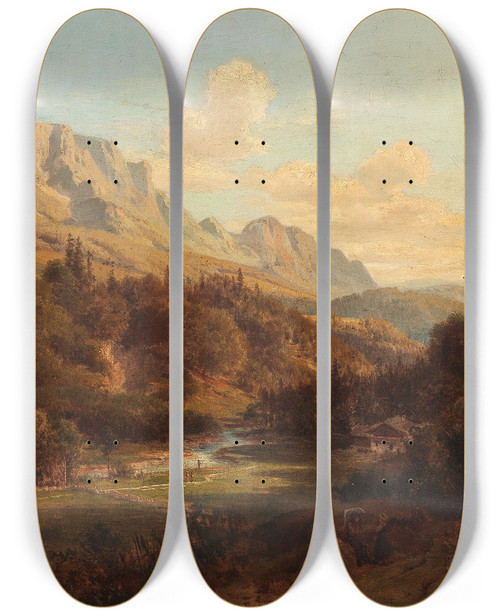 Triptych art skateboard deck of Ludwig Halauska Motiv Bei Niederdorf Tirol In The Background The Wild Kaiser Mountains by Ludwig Halauska (1827-1882)
