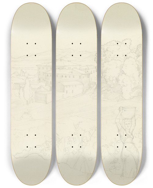 Triptych art skateboard deck of Julius Schnorr Von Carolsfeld Landschaft Mit Einer Villa Rechts Vorne Winzer Links Ein Hirte Der Die Flte Blst by Julius Schnorr Von Carolsfeld (1794-1872)