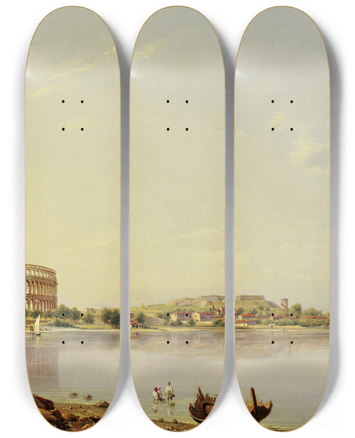 Triptych art skateboard deck of August Anton Tischbein View Of Pula With The Roman Arena Istria by August Anton Tischbein (1805-1867)