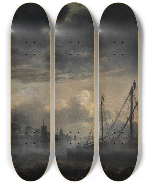 Triptych art skateboard deck of Aert Van Der Neer River Landscape In Moonlight_1 by Aert van der Neer (1603-1677)