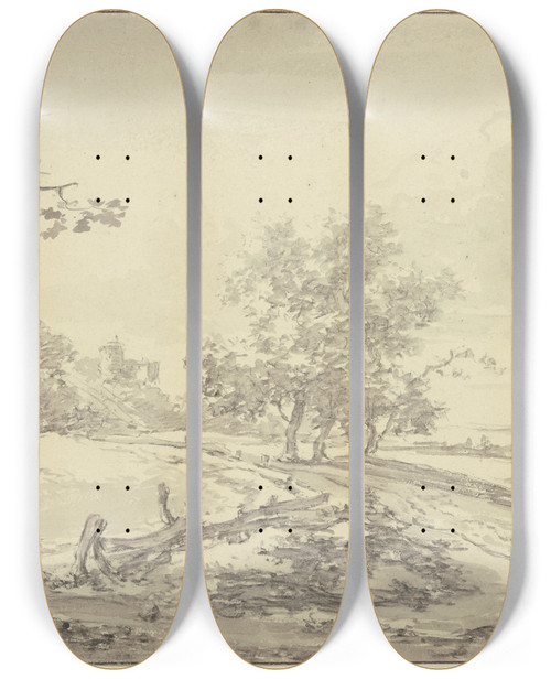Triptych art skateboard deck of Egbert Van Drielst Eine Gegend Mit Gebsch In Der Mitte Ein Weg Der An Einer Baumpartie Vorbei Nach Einer Burg Sich Zieht by Egbert Van Drielst (1746-1818)