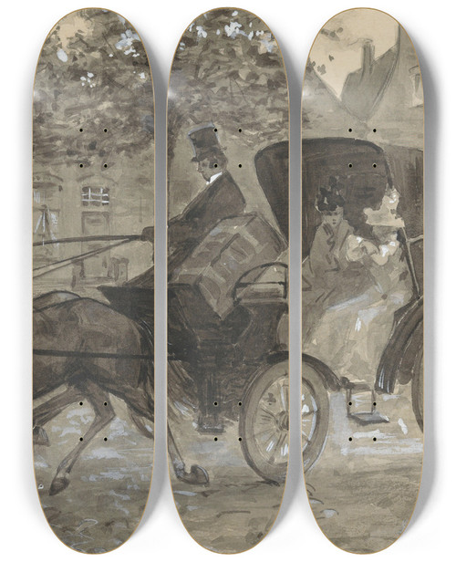 Triptych art skateboard deck of Hc Louwerse Twee Vrouwen In Een Paardenkoets by H.C. Louwerse (1878-1946)