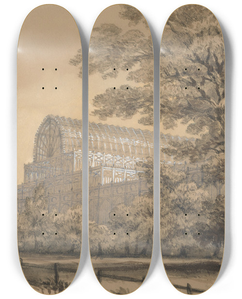Triptych art skateboard deck of E J Stanley The Crystal Palace In Hyde Park by E J Stanley