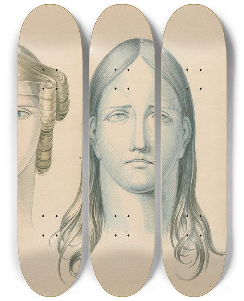 Triptych art skateboard deck of David Humbert De Superville The Heads Of A Man And Two Women Showing Ascending Horizontal And Descending Lines In Combination With Colours by David Humbert De Superville (1770-1849)