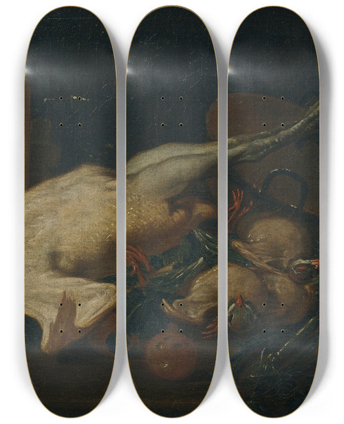 Triptych art skateboard deck of Antoni Viladomat Still Life With Vegetables Turkey Other Fowl And Wafers by Antoni Viladomat (1678-1755)