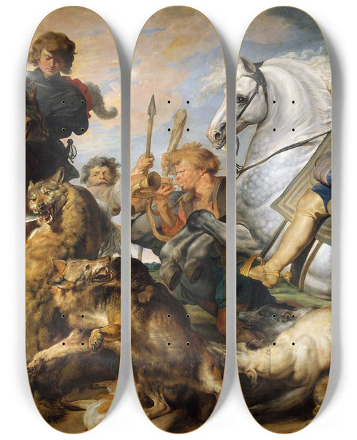 Triptych art skateboard deck of Peter Paul Rubens Wolf And Fox Hunt by Peter Paul Rubens (1577-1640)