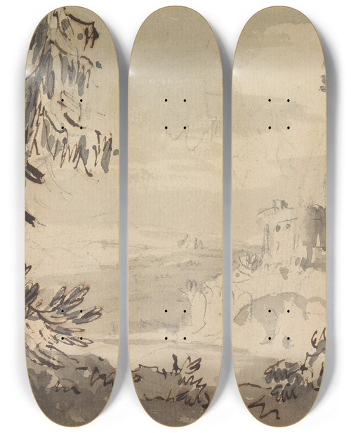 Triptych art skateboard deck of William Gilpin Pine Trees And Castle In A Landscape by William Gilpin (1724-1804)