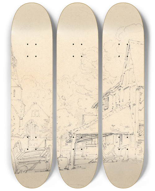 Triptych art skateboard deck of Henry Edridge Shere Church Surrey by Henry Edridge (1769-1821)