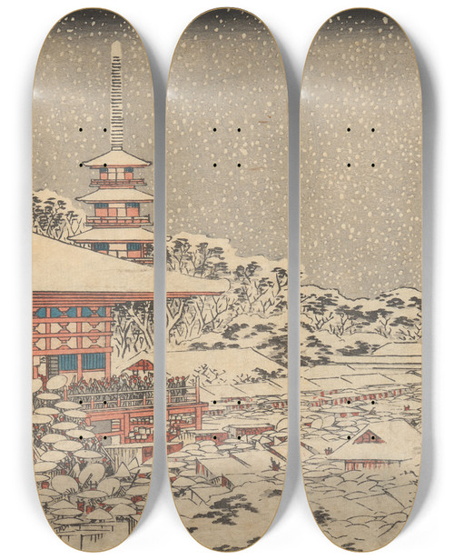 Triptych art skateboard deck of And Hiroshige Two Red Pavilions In Snow by Ando Hiroshige (1797-1858)