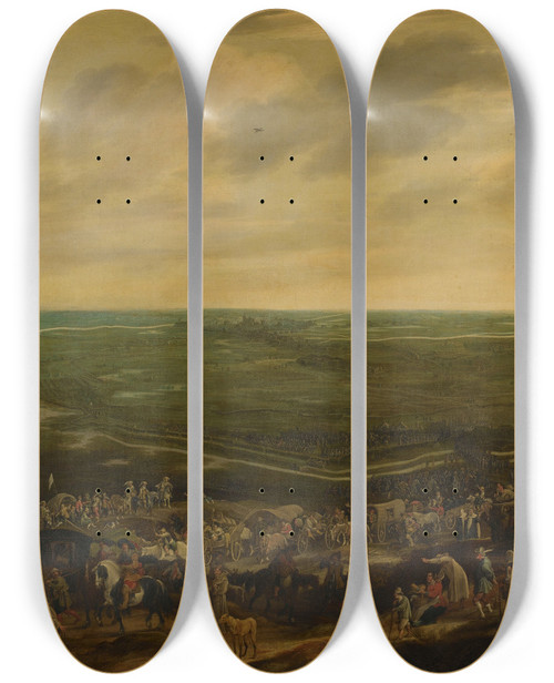 Triptych art skateboard deck of Pauwels Van Hillegaert The Defeated Spanish Garrison Leaving Shertogenbosch 17 September 1629 by Pauwels Van Hillegaert (1596-1640)