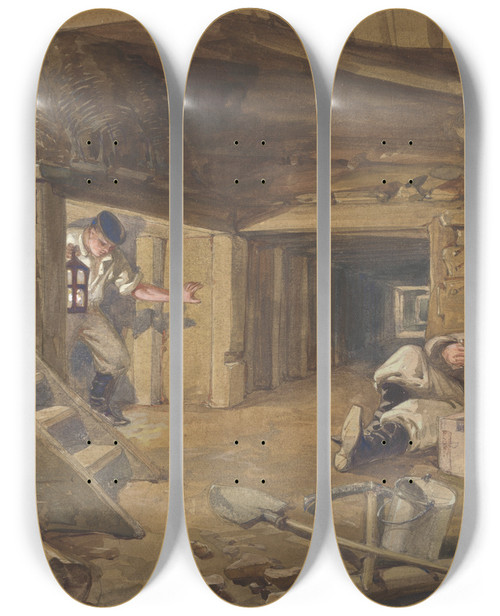 Triptych art skateboard deck of William Simpson Mine In The Bastion Du Mat Sebastopol Crimea by William Simpson (1823-1899)
