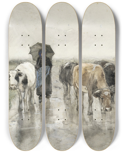 Triptych art skateboard deck of Anton Mauve A Herdess With Cows On A Country Road In The Rain_1 by Anton Mauve (1838-1888)