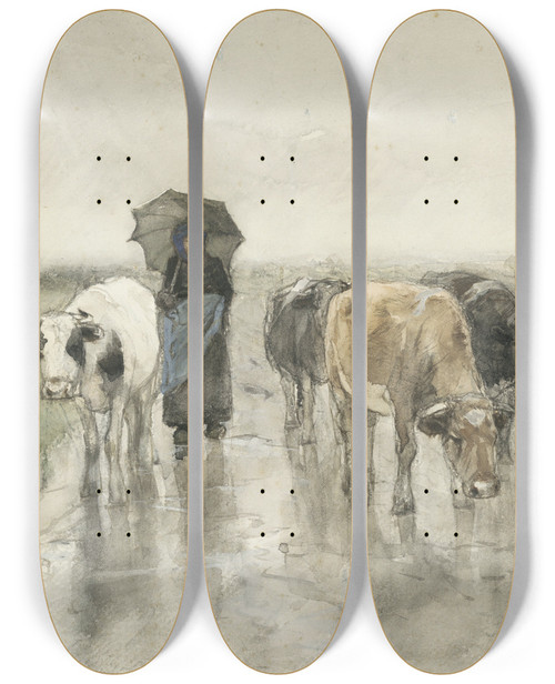 Triptych art skateboard deck of Anton Mauve A Herdess With Cows On A Country Road In The Rain_2 by Anton Mauve (1838-1888)