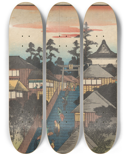 Triptych art skateboard deck of And Hiroshige Ushima Shrine In Hongo District by Ando Hiroshige (1797-1858)