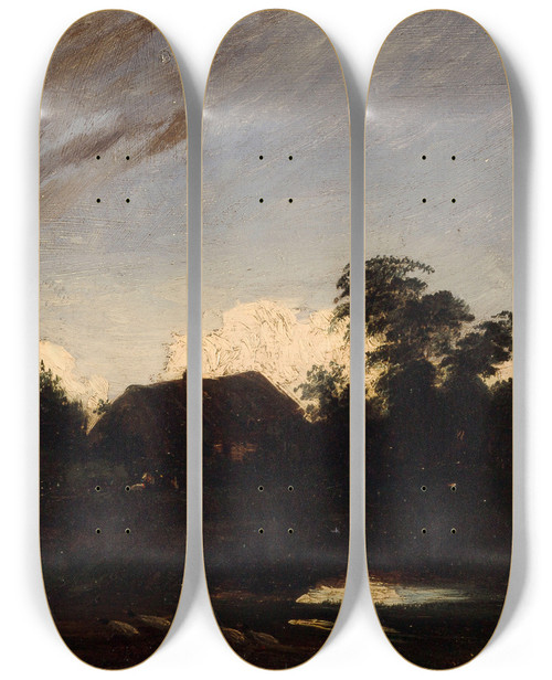 Triptych art skateboard deck of Paul Huet Une Mare Prs De La Glacire Au Crpuscule by Paul Huet (1803-1869)