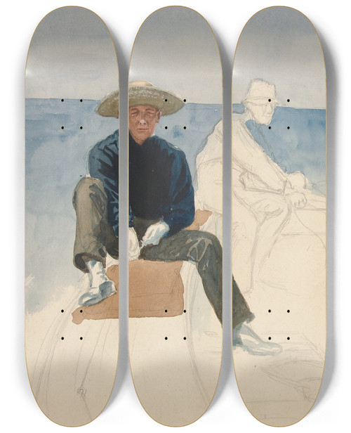 Triptych art skateboard deck of Edwin Austin Abbey Unfinished Drawing Of Two Men Sailing by Edwin Austin Abbey (1852-1911)