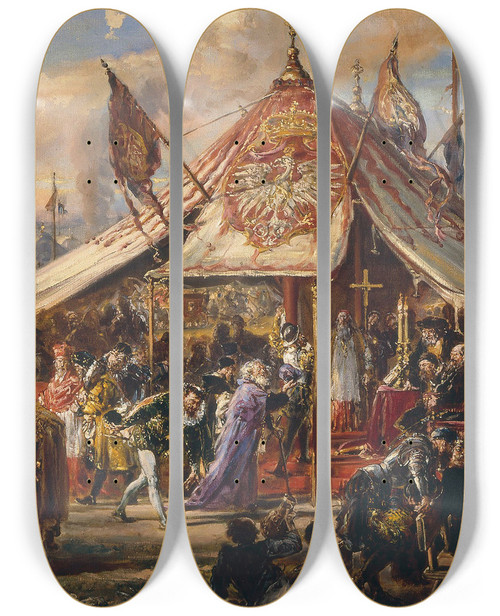 Triptych art skateboard deck of Jan Matejko Power Of Commonwealth At Its Zenith From The Series History Of Civilization In Poland by Jan Matejko (1838-1893)