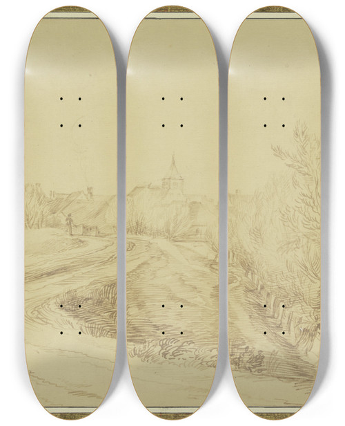 Triptych art skateboard deck of Jan Lievens Dorfansicht Mit Einem Fahrweg Der An Einem Mit Weiden Besetztem Graben Hinfhrt by Jan Lievens (1607-1674)