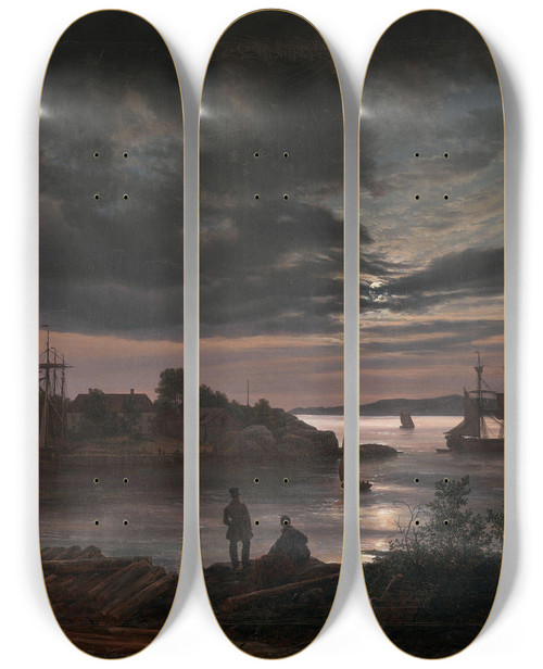 Triptych art skateboard deck of Johan Christian Dahl Larvik By Moonlight by Johan Christian Dahl (1788-1857)