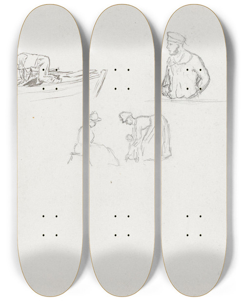 Triptych art skateboard deck of Hans Gude Figurstudier Rgen by Hans Gude (1825-1903)