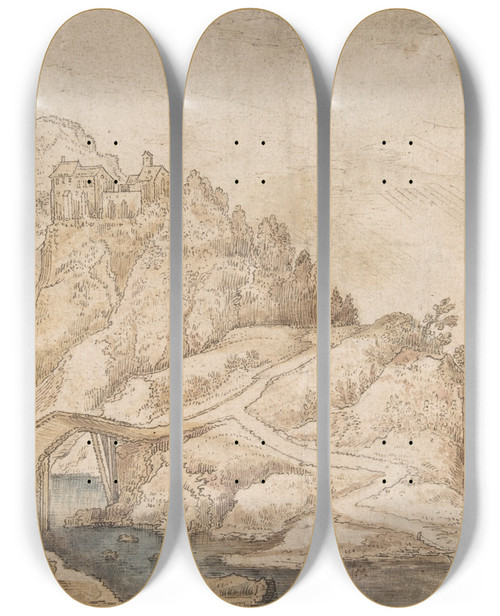 Triptych art skateboard deck of Joos De Momper Landscape With A Road Leading Towards A Settlement On A Hill by Joos de Momper (1564-1634)